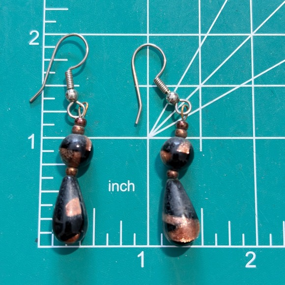 Vintage-Style Black Aventurine Glass Dangle Earrings – Copper Fleck Teardrops - Picture 4 of 5